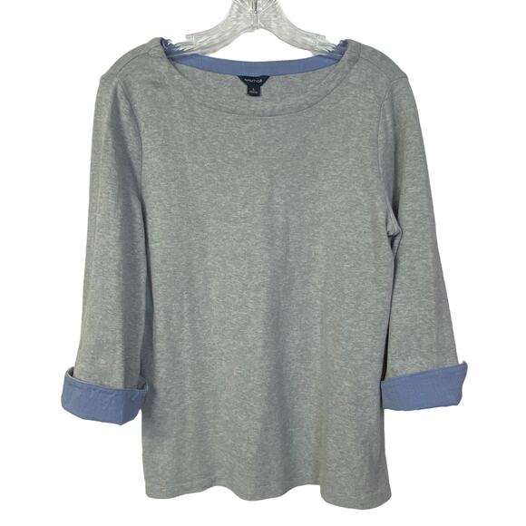 Women's Size L NAUTICA Top Gray T-Shirt Blue Chambray Contrast Cuffs Side Slits - Picture 1 of 7